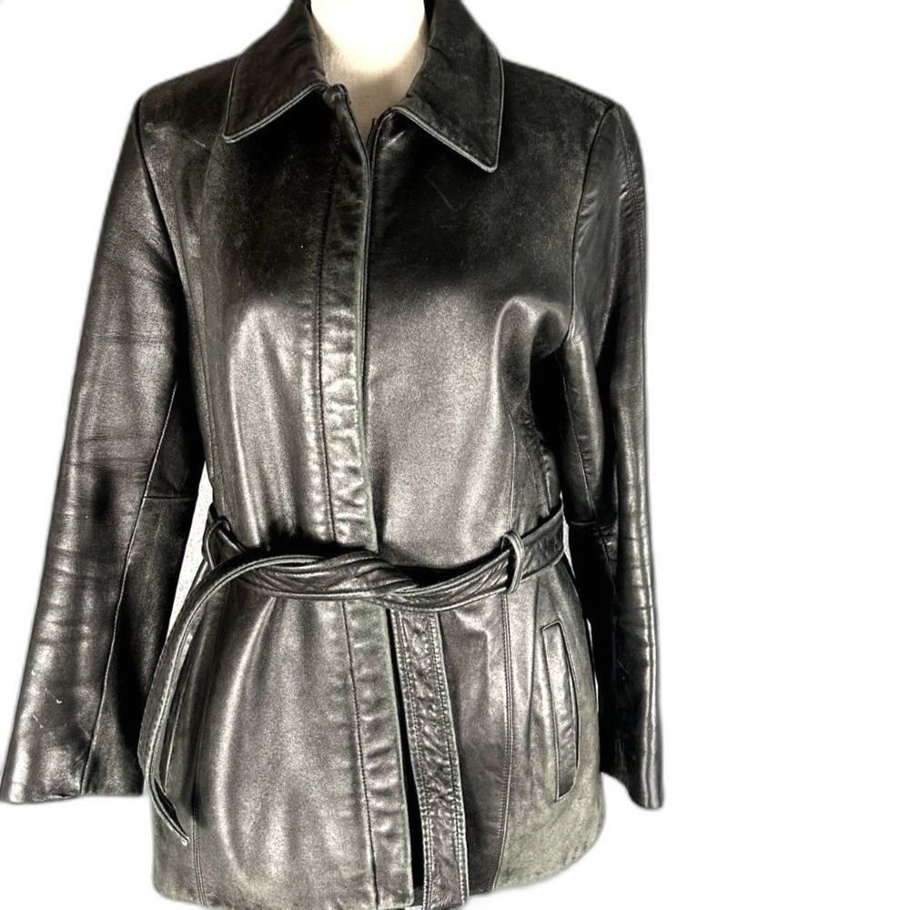 KENNETH COLE Vintage  black 100% soft leather woman's mid length tie jacket s M
